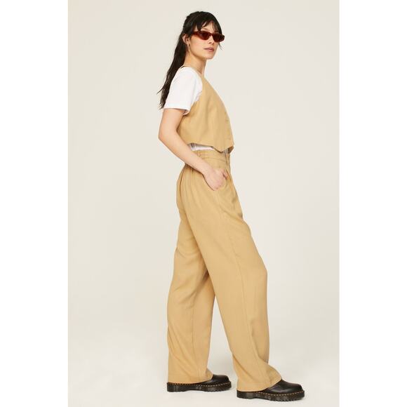 DONNI Twill Pleated Tan High Waist Wide Leg Trouser Pants Size Small - Picture 2 of 15